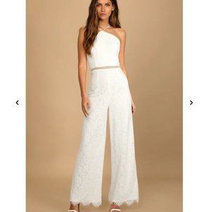 Lulu's White Lace Halter Straight Leg Jumpsuit
